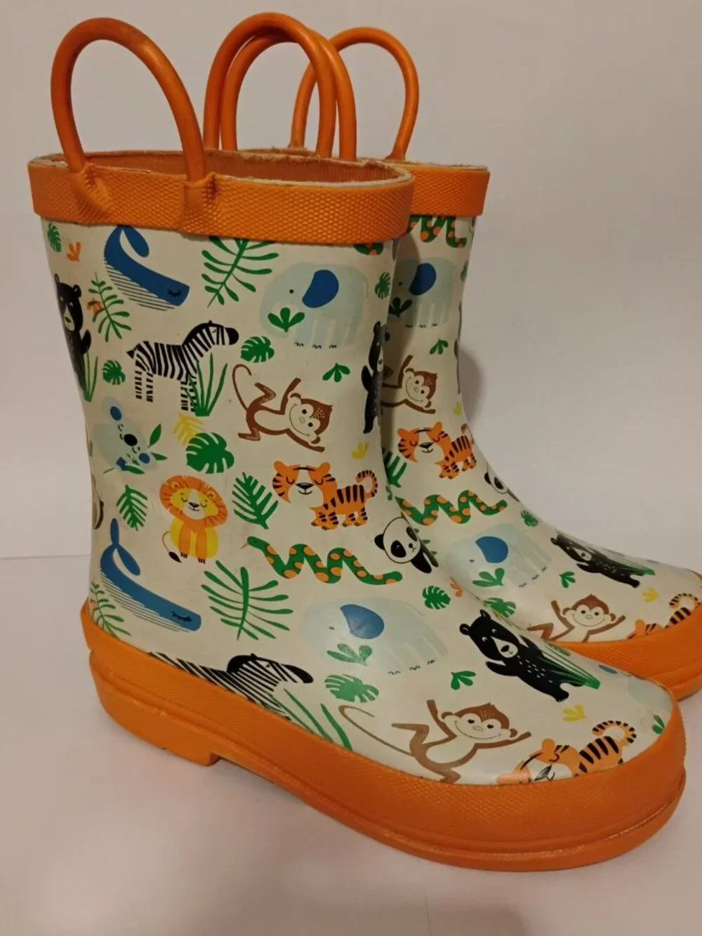 Lily & Dan Kids Safari Jungle Rain Boots Orange Animal Print Waterproof 9/10